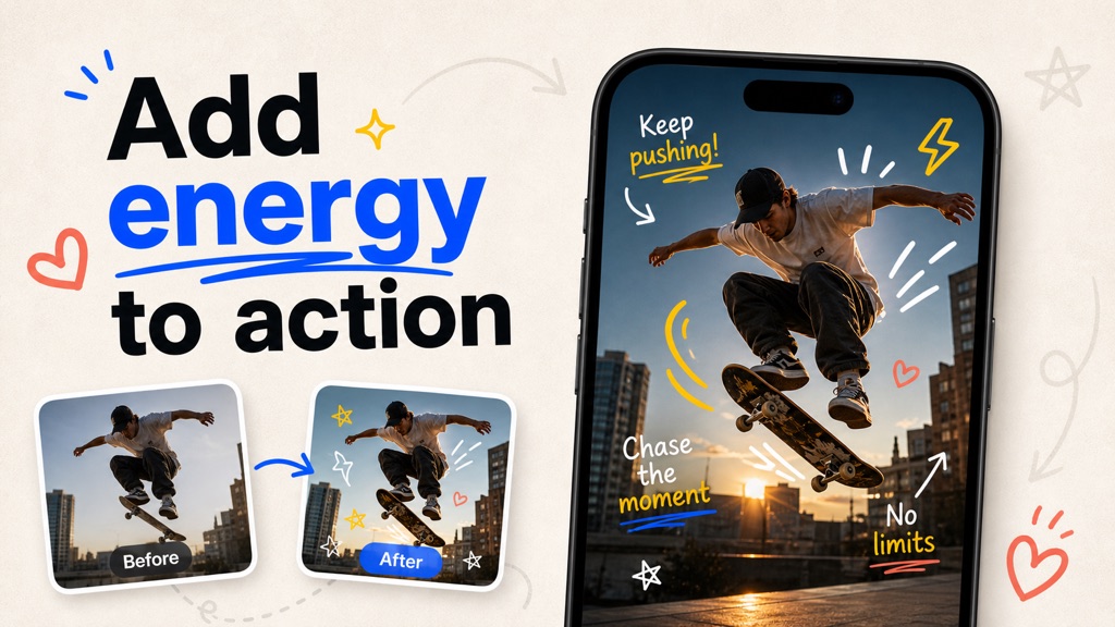 Illustrative promotional artwork: Action shots with doodles and handwritten-style details