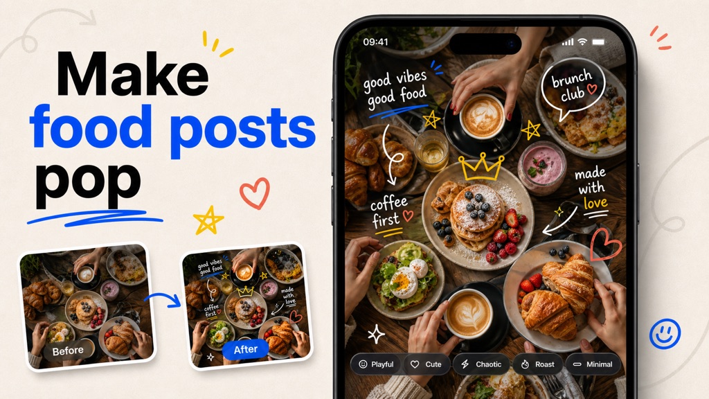Illustrative promotional artwork: Your camera eats first. with doodles and handwritten-style details