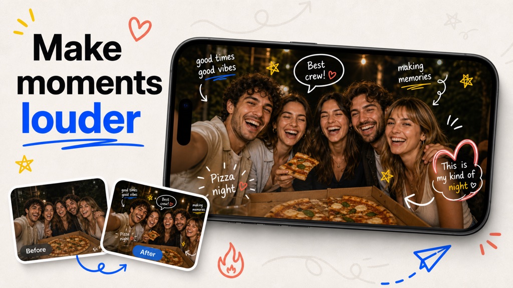 Illustrative promotional artwork of a pizza night with friends, decorated with hearts, arrows and handwritten captions
